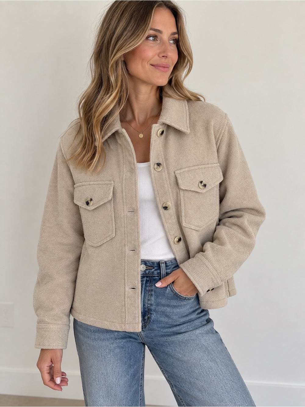 RD Style Conscious Beige Textured Cropped Shacket Jacket Size S/P